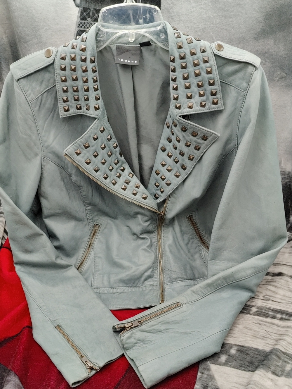 Trouve Blue Gray Motto Leather Jacket L